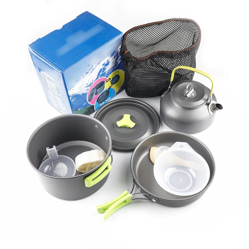 

Nesting Aluminum Camping Cookware Set with Teapot Pot Cups Spoons Compact Lightweight Portable for Backpacking Outdoor Adventure