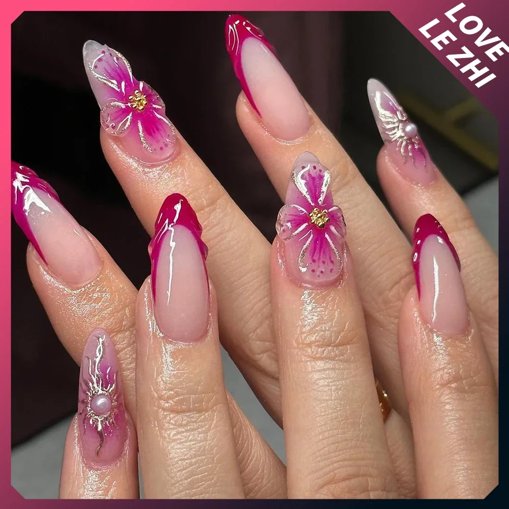 3D French Lilies Flower Gel Nails Art Handmade Almond Squares Coffin High-End Fainting Gradient Fake Nails Women Birthday Gift