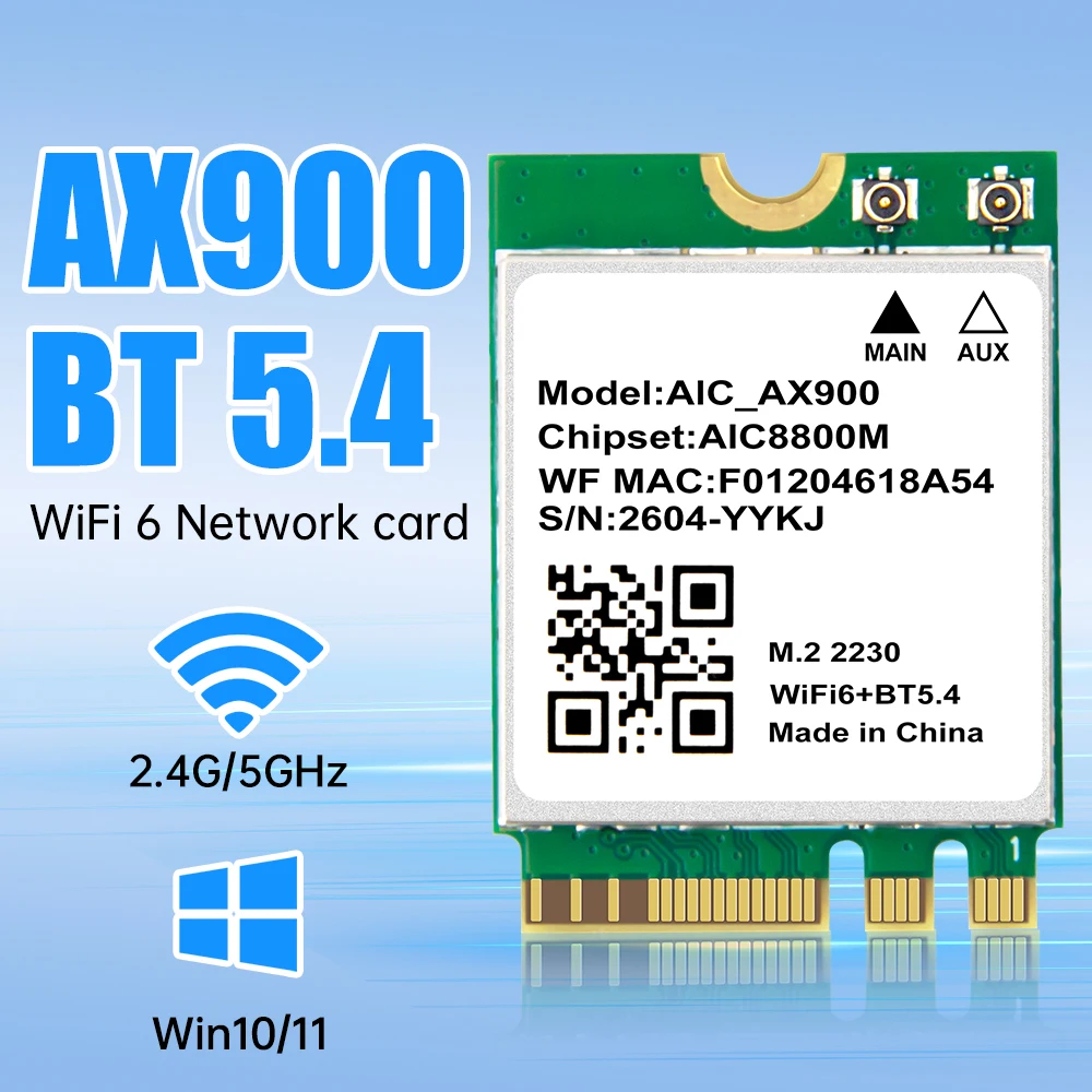 

Беспроводной адаптер FENVI WiFi6 AX900 BT5.4 M.2 с поддержкой частот 2,4 ГГц и 5 ГГц для ноутбуков и настольных ПК, совместимый с Windows 10/11