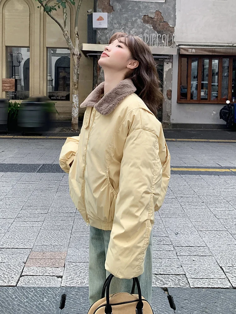 Winter Warm Plush Collar Jacket Y2K Loose Thick Preppy Puffer Crop Parka Korean Sweet Patchwork Solid Zipper Short Coats New
