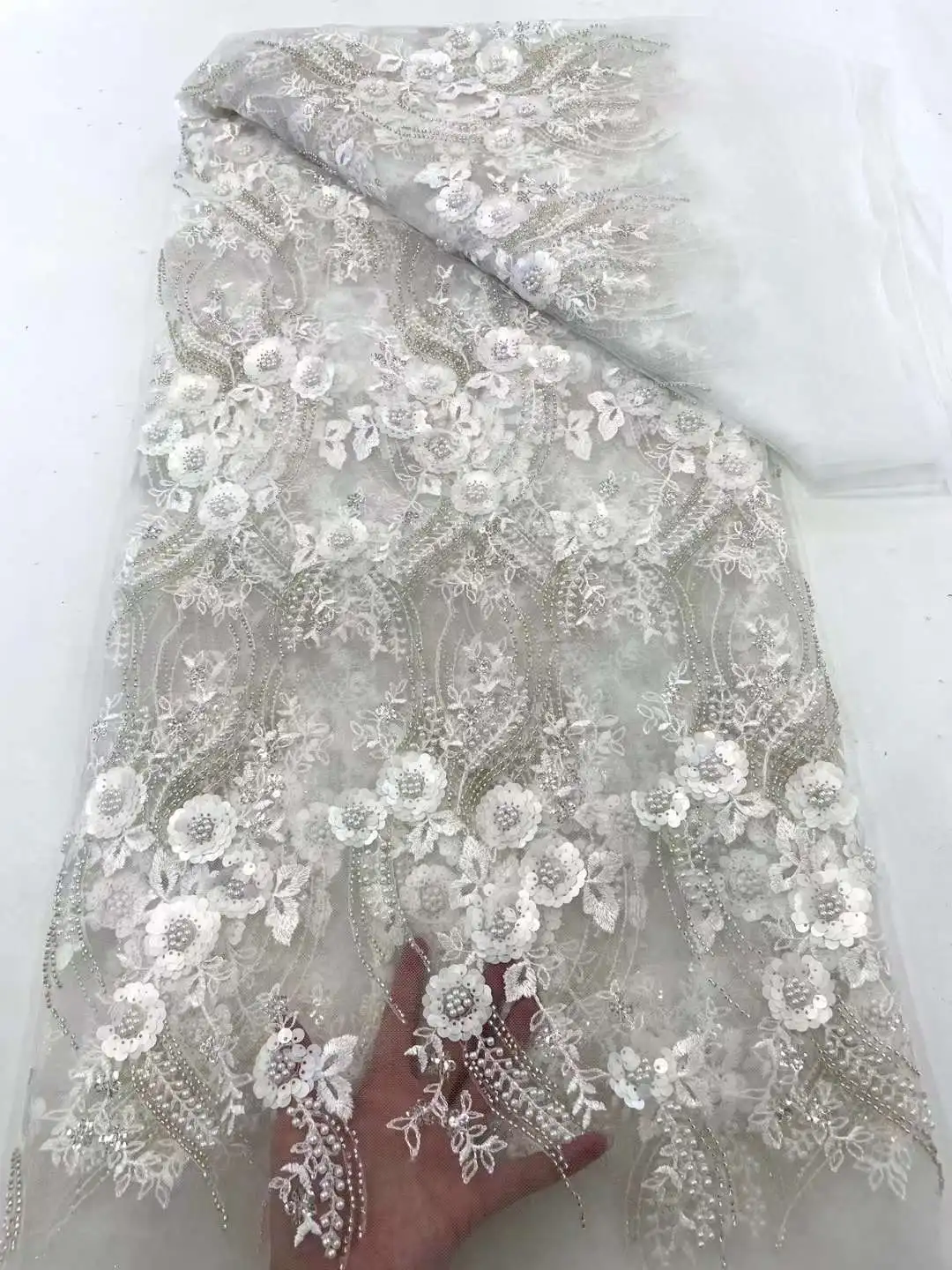 Lussuoso tessuto di pizzo con paillettes africane 2024 pizzo di Tulle francese con ricamo di perline pesanti di alta qualità per cucire il matrimonio ws