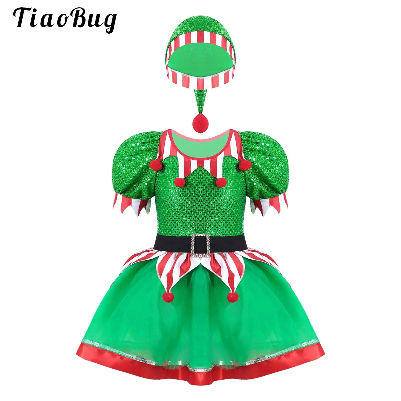 

Kids Girls Christmas Elf Ballet Dance Tutu Dress Green Sequin Candy Cane Stripe Leotard Xmas Party Outfits New Year Dancewear