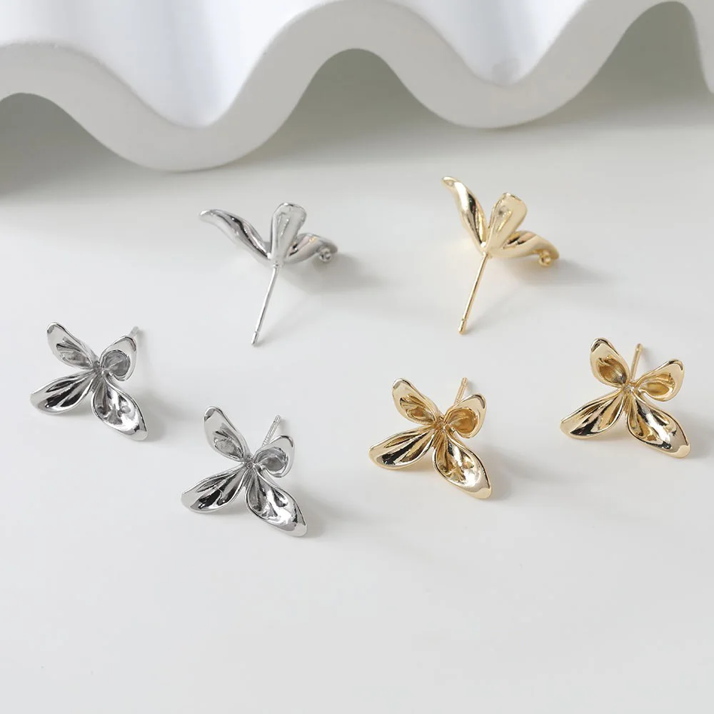 4PCS 14K Gold Plated Brass Four Petal Flower Earrings Stud DIY Making Supplies Accessories Findings