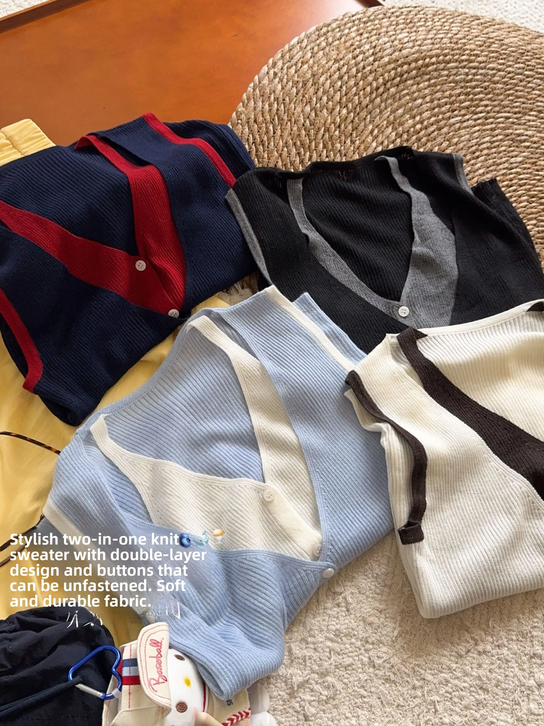 

Knitted Fake Two-Piece Vest Color Block Sleeveless Korean Style Single Button Women's Top Casual Style Ultra Soft Fine Gauge ...