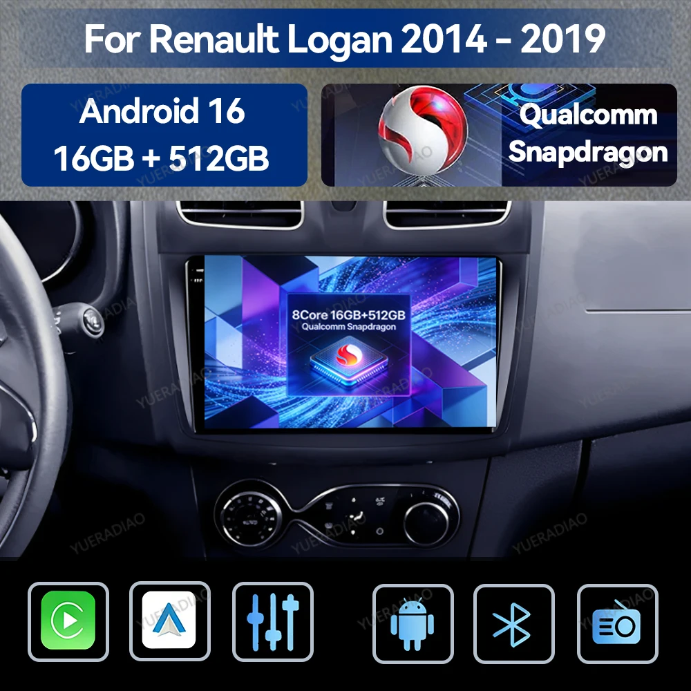Android 16 Car Radio For Renault Logan 2 Sandero 2012 - 2022 QLED Multimedia Stereo Video Player GPS NAVI 4G WIFI Qualcomm BT