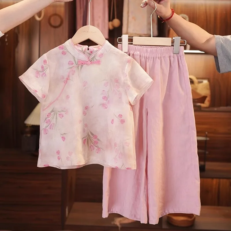 

Girls' Summer Clothes Sets Chinese Style Children's Summer Clothes Sleeveless Vest Top Fashion Girls Two Piece Set 2025 New