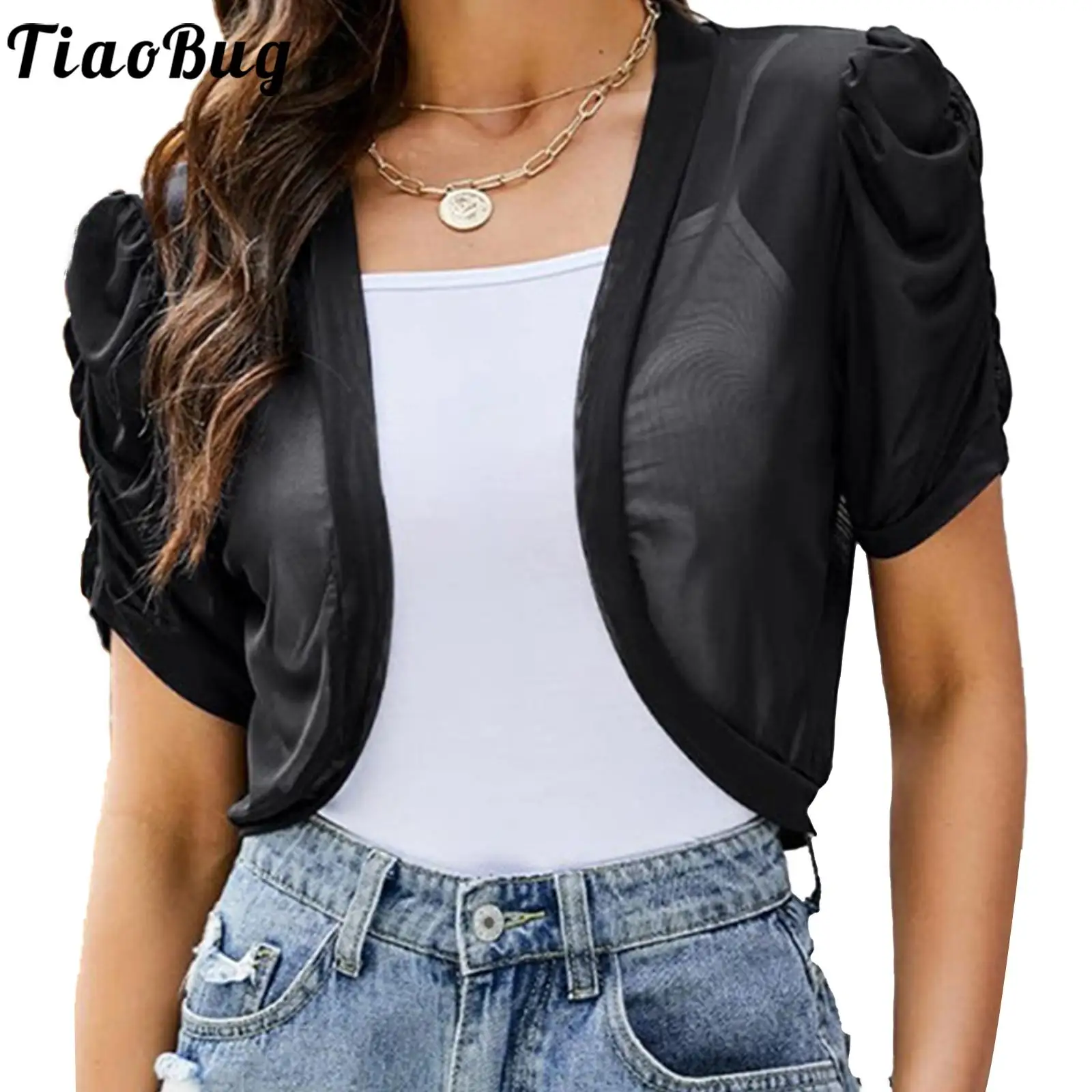 

Womens Thin Tulle Shawl Shrug Summer Fashion Casual Beach Sunscreen Clothing Short Sleeve Cropped Tops Bolero Cardigan