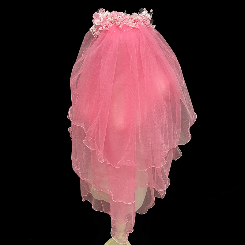 AnXin SH vintage bride pink flower veil princess beading peals wedding bride props French flower customized lace bride veils