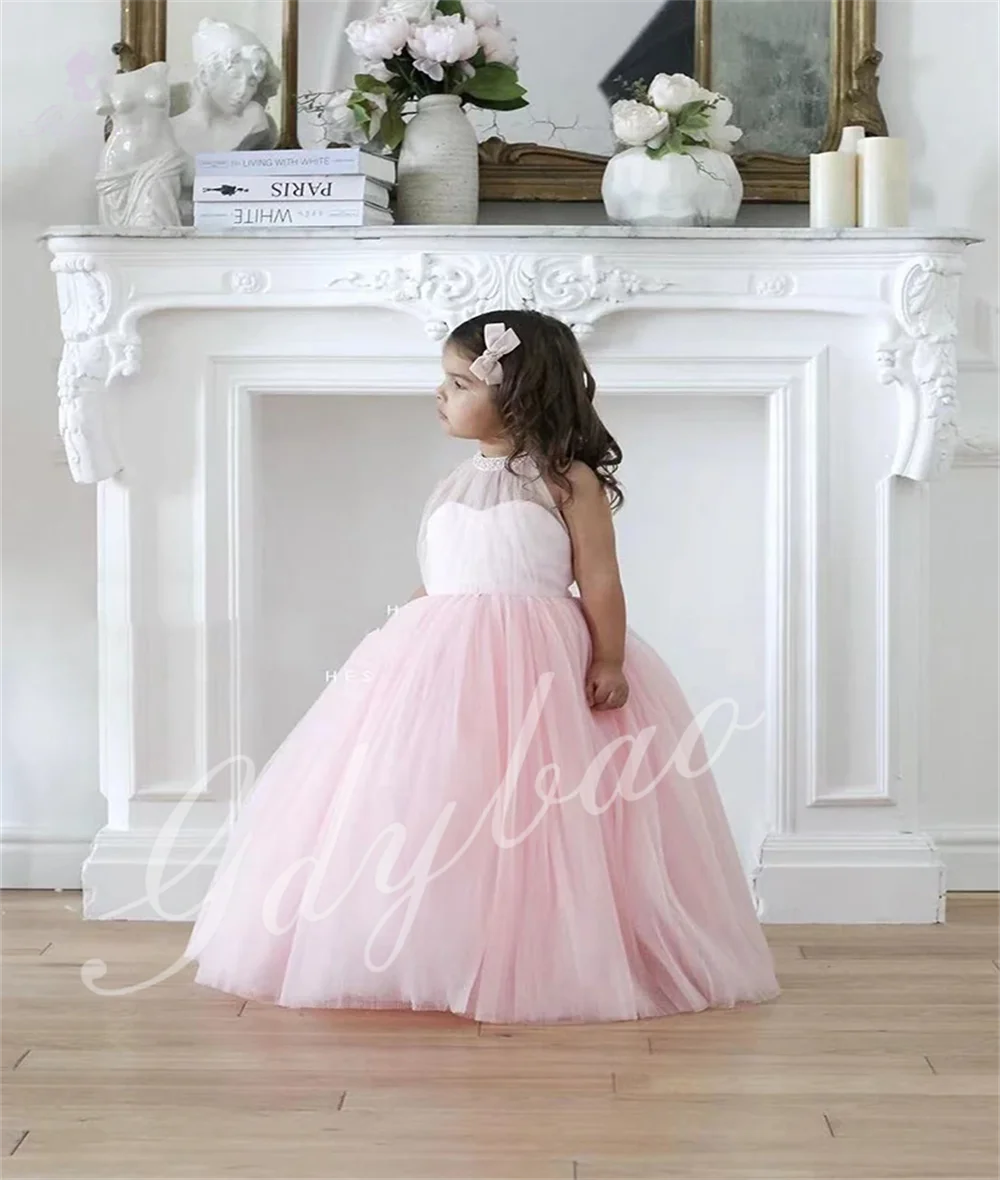 Pink Tulle Puffy Backless Flower Girl Dress For Wedding Cute Princess Baby Birthday Prom Formal Event Evening Dresses