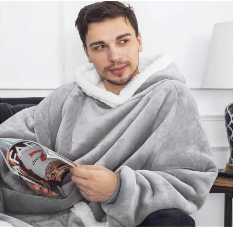 Suer Long Flannel Sherpa Wearable Blanket Winter Warm Blanket with Sleeves Hoodie Sweatshirts Oversized  TV Blanket Pullover