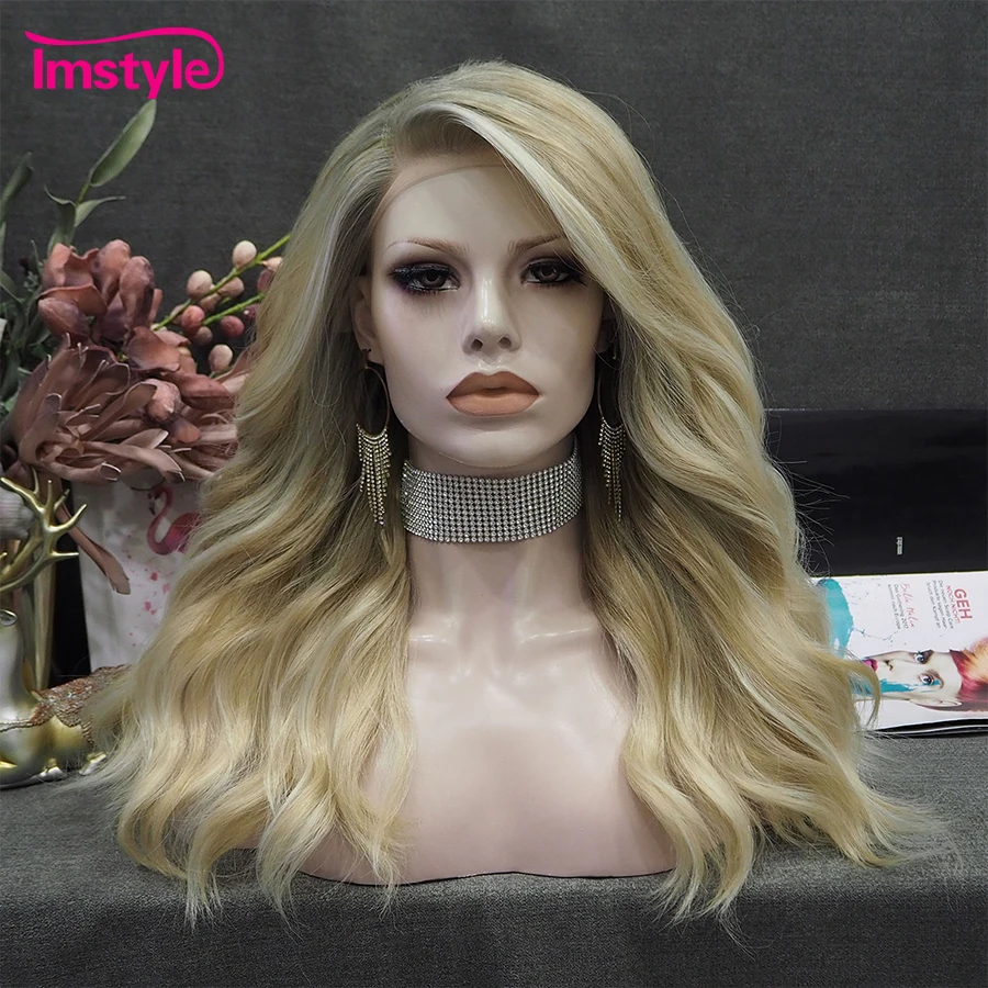 Imstyle Blonde Highlight Wig Synthetic Lace Front Wig Natural Wavy Wigs For Women Dark Root Heat Resistant Fiber Daily Wig