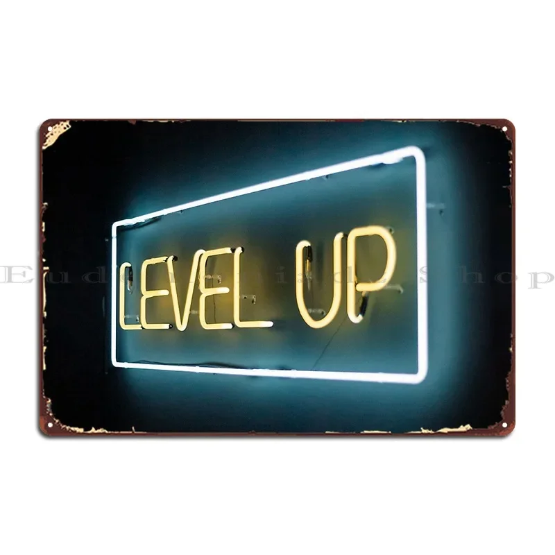 Level Up Metal Sign Garage Character Cinema Designing Wall Decor Tin Sign Poster