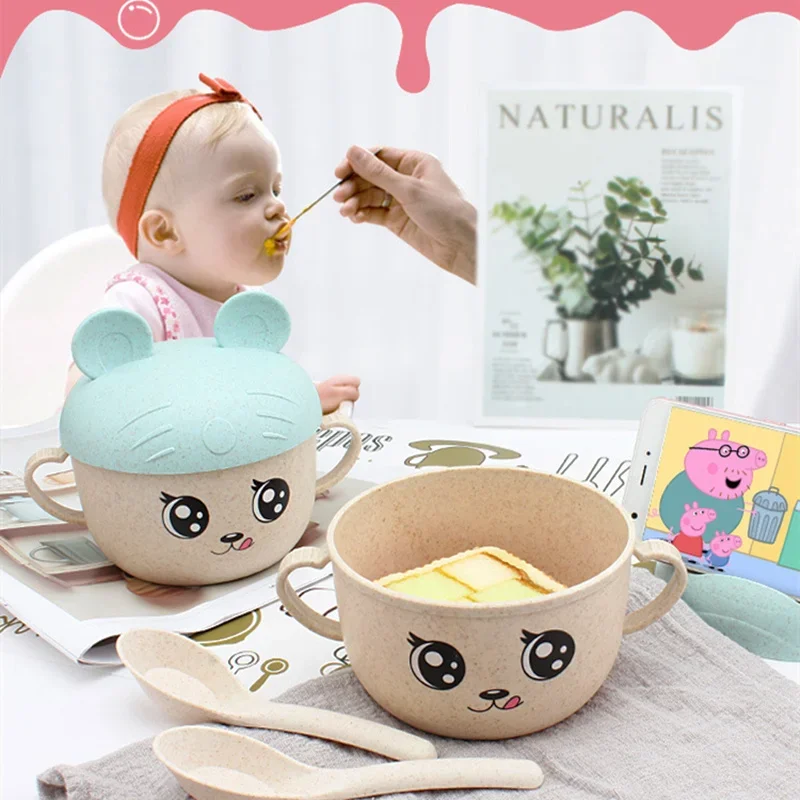 2Pcs/Set Baby Feeding Food Tableware Wheat Cartoon Kids Dishes Children Eating Dinnerware Set Anti-hot Plate Training Bowl+spoon