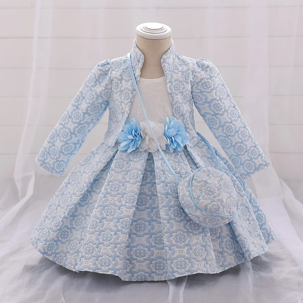 3PCS Baby Party Dresses For Girls Court Vintage Ceremony Birthday Party Ball Gown Toddler Kids Princess Vestidos With Bag Shawl