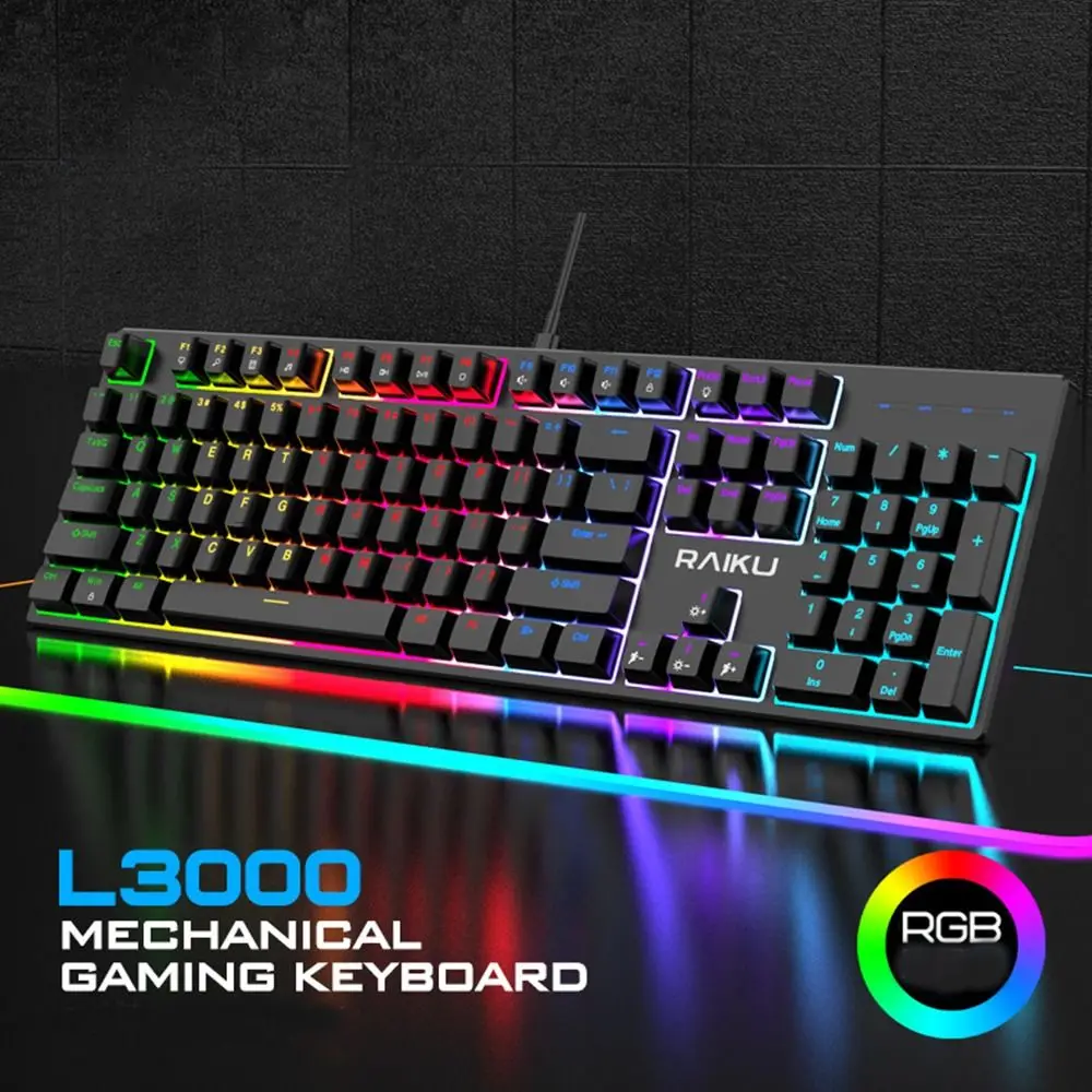 

New 104 Keys RAIKU L3000 Keyboard Silent RGB Backlit Blue Switch Keyboard USB Connection Mechanical Keys Wired Keyboard Game