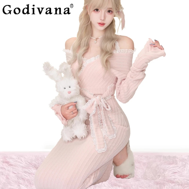 Doce fora do ombro vestido de cintura fina para as mulheres outono inverno rosa malha vestido longo feminino estilo japonês bonito bodycon vestido