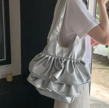 Bolso de hombro de alta capaqcity, bolsa de hombro con diseño de volantes, moda Popular coreana, sólido, PU, 2024