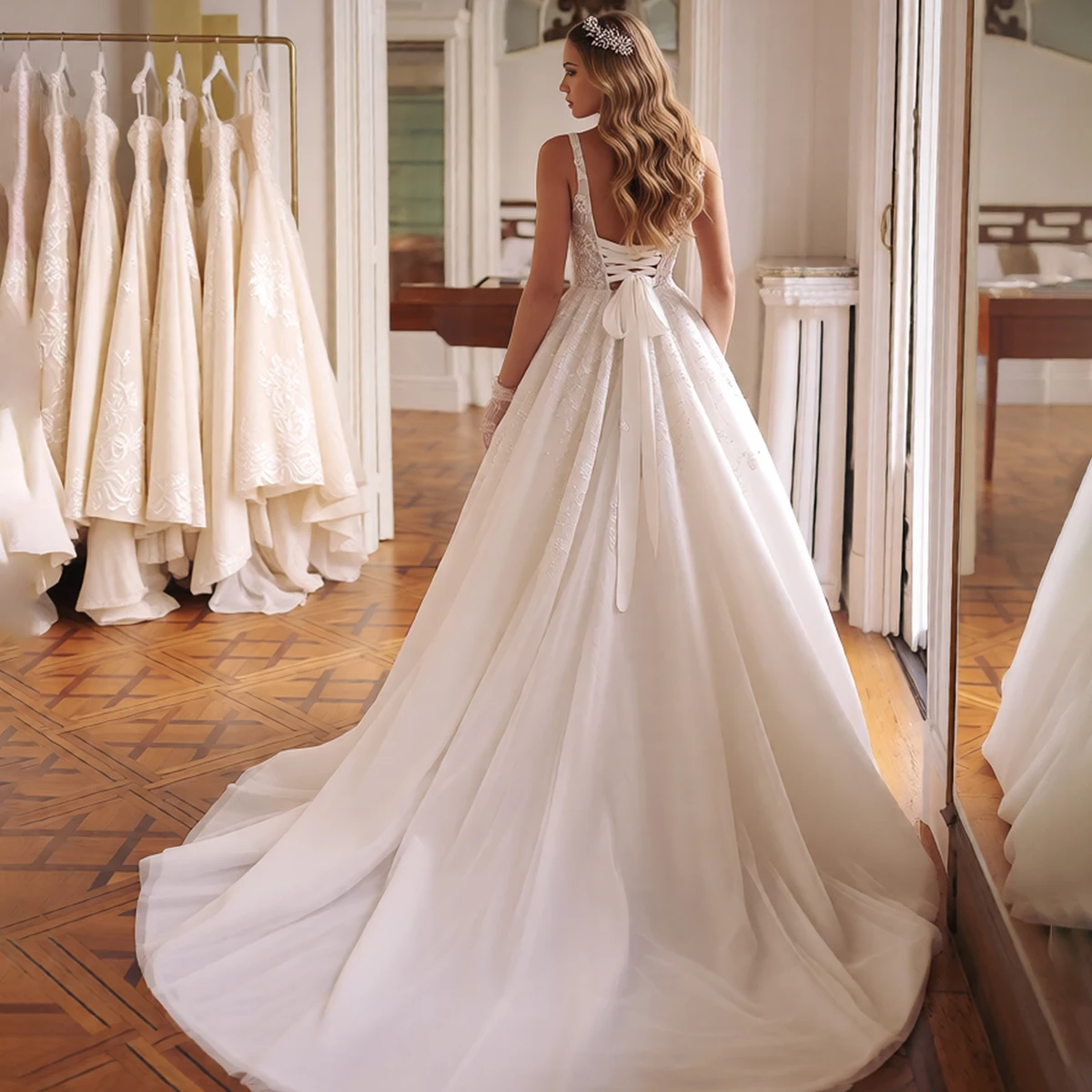 Elegant Beaded Appliques Lace Wedding Dress For Women Tulle Backless Ball Gown For Bride Long Bridal Party Gown Vestidos Novia