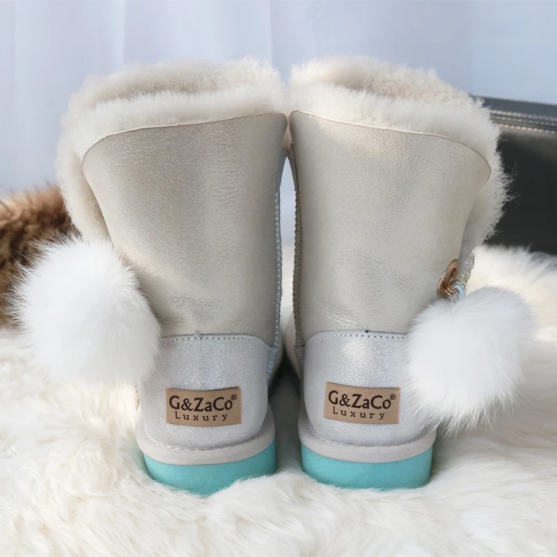 G&Zaco Genuine Sheepskin Boots Shoes Women Leather Wool Snow Boots Australia Mid-Calf Sweet Fox Fur Ball Winter Women\'s Boot