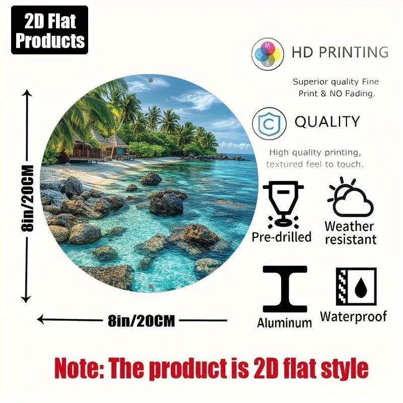 2D Flat, 1pc, Tropical Maldives Scenery Themed Round Aluminum Metal Decorative Plaque, Suitable for Bar, Kitchen, Cafe, Home, an