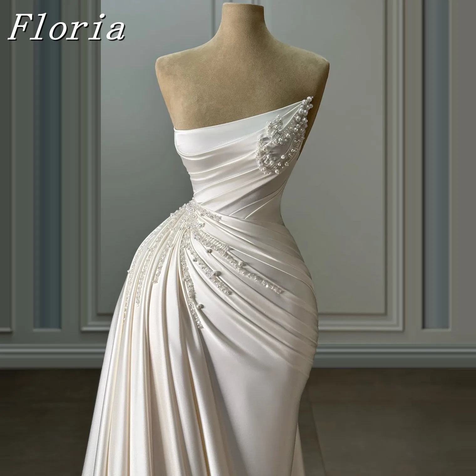 

Floria Strapless Evening Dress 2025 Pleated Pearl Party Gown Classic Mermaid Satin Floor-Length Party Dresses