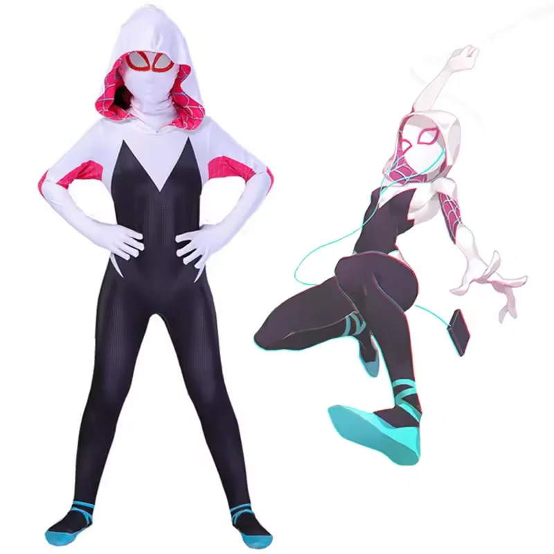 3D スタイルのボディスーツ大人用スパイダーグウェンゴーストスパイダーガールズコスプレフード付きスーツスパイダーコスプレハロウィンコスチュームジャンプスーツ女の子用
