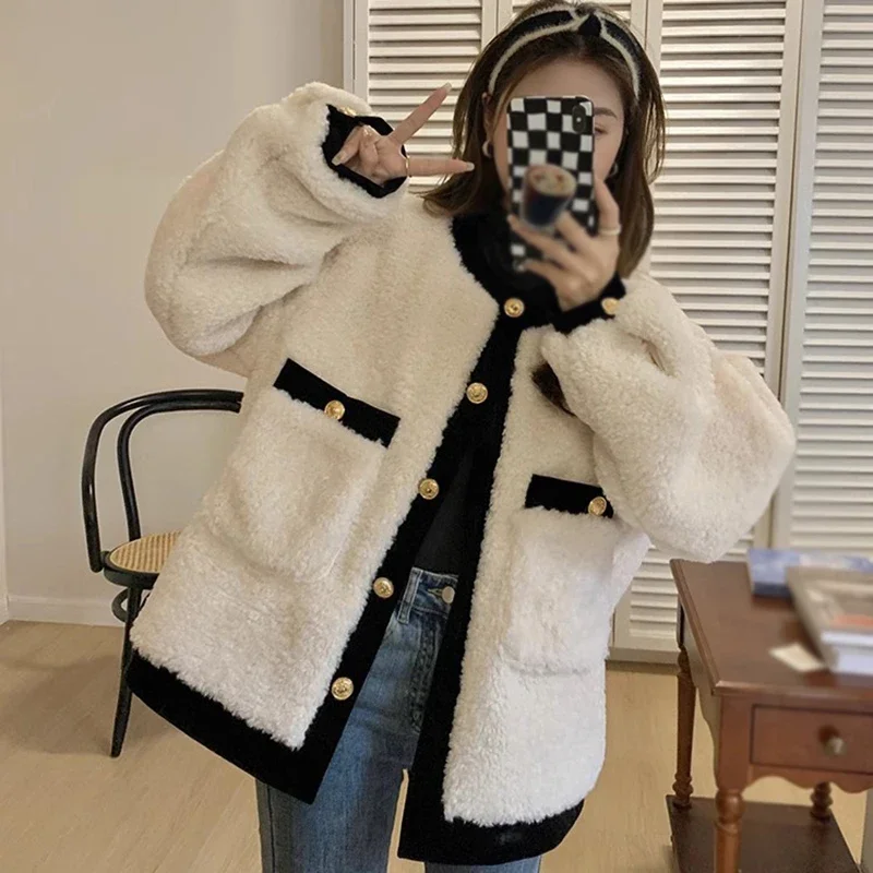 Loose Women\'s Fleece Overcoat Autumn Winter O-Neck Single Breasted Berber Overcoat Korean Version All-match Elegant Style Jacket