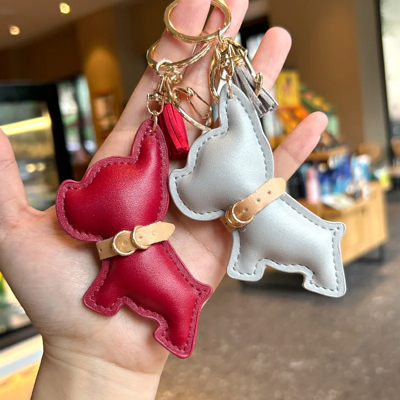 Cute Car Key Chain Leather French Bulldog Puppy Car Key Chain Creative Gift Bag Pendant Ornament wholesale