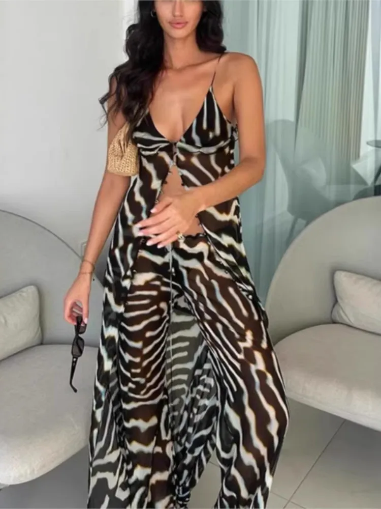 Women Chic Vacation Outfits Fashion Zebra Print Sheer Chiffon Pants Set Casual V-neck Maxi Slip Tank Top & Wide-leg Pants