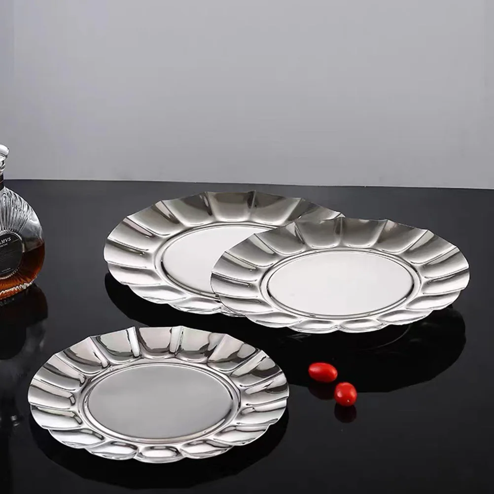 

Kitchen Stainless Disc Platters Dish Dinner Plate Decorate Silver Fruit Tray