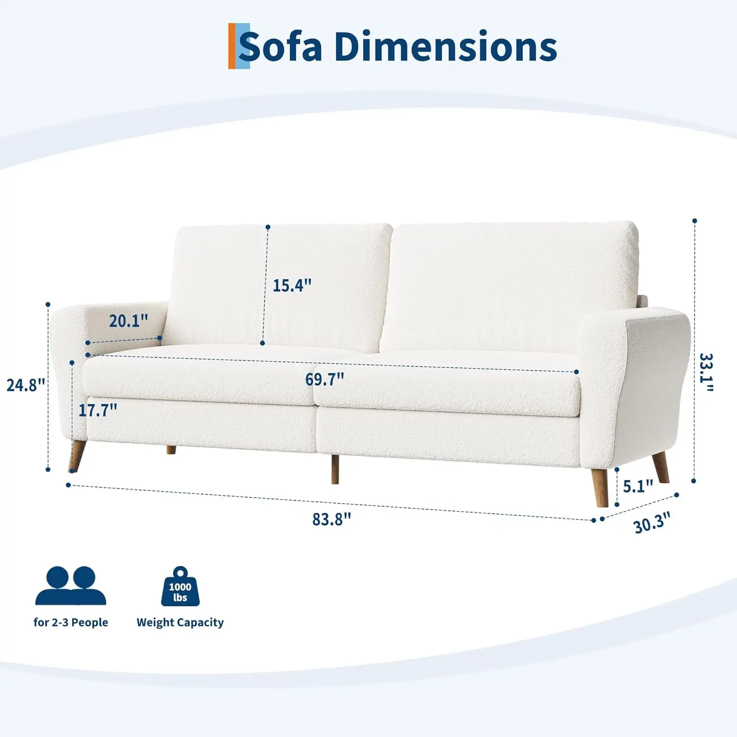 Sofá moderno de 3 lugares de 84 polegadas, sofá Boucle, pés de madeira, bege
