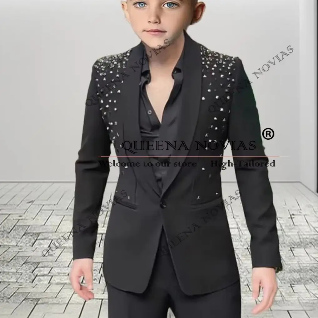 럭셔리 키즈 웨딩 수트 소년 의상 비즈 장식 재킷 맞춤형 2피스 싱글 브레스티드 블레이저 바지 어린이 생일 턱시도