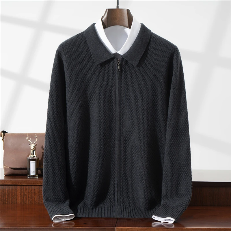 100% Wool Sweater Turn-Down Collar Cardigan Men's Knitted Casual Sweater Zipper Middle-Aged Men's Knitted Jacket