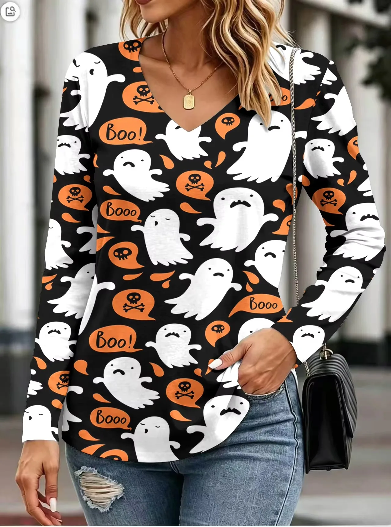 Women's Casual Tops Street Style Halloween Pumpkin Head Funny 3D Print Women's Loose V-Neck Long Sleeve T-Shirt Holiday T-Shirt 14 S1b400a63329044d5a8701a8a441807b7e