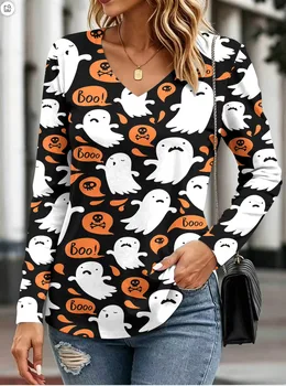 Women's Casual Tops Street Style Halloween Pumpkin Head Funny 3D Print Women's Loose V-Neck Long Sleeve T-Shirt Holiday T-Shirt 3 Women's Casual Tops Street Style Halloween Pumpkin Head Funny 3D Print Women's Loose V-Neck Long Sleeve T-Shirt Holiday T-Shirt 3