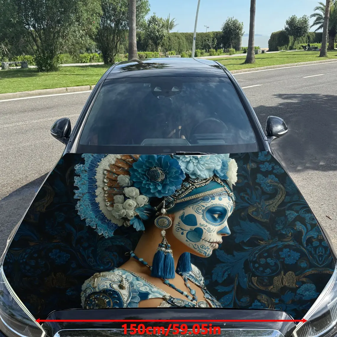Blues Skull Makeup Woman Car Vinyl Wrap, PVC Material Waterproof Car Hood Sticker, Self-Adhesive Scratch-Resistant Stickers for