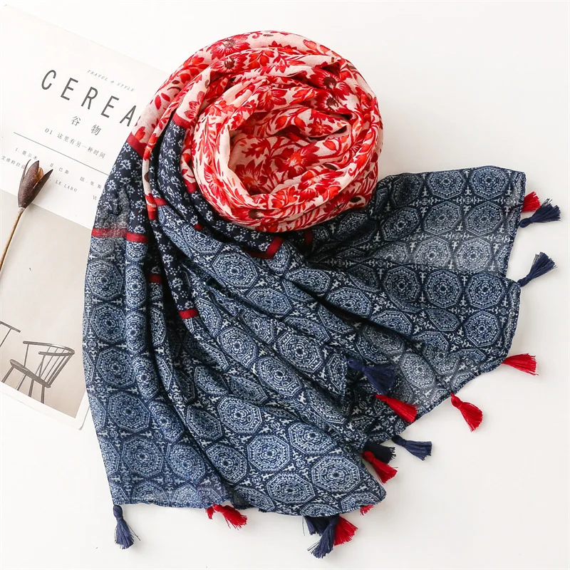 KYQIAO luxury brand woman scarf ethnic design long red print patchwork hijab scarf women 2024 winter women's shawls