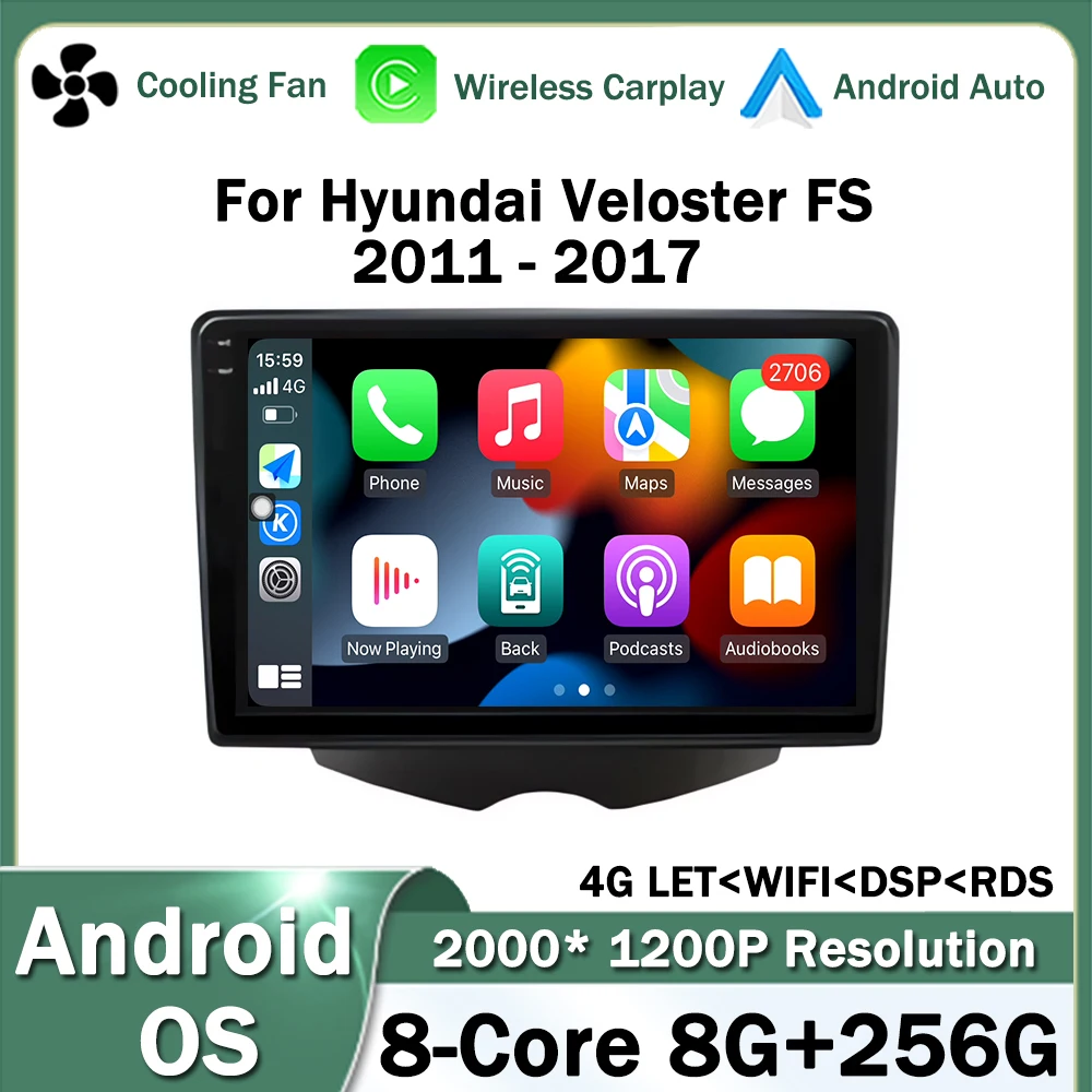 9 Inch Wireless CarPlay Android OS for Hyundai Veloster FS 2011 - 2017 Car Radio Multimedia Video Stereo Player GPS Navigation 