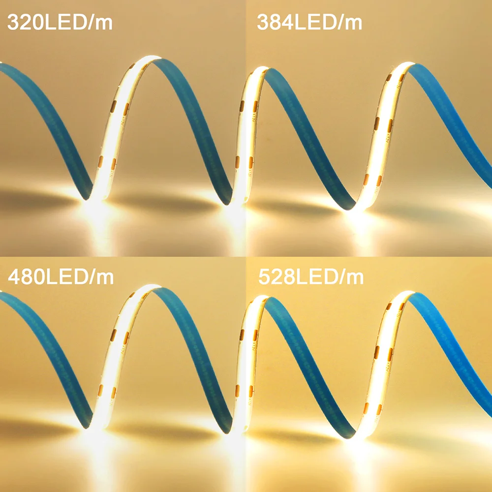 Pasek COB LED światło 12V 24V 320 480 384 528 diody LED elastyczna taśma wysokiej gęstości oświetlenie liniowe ciepłej naturalna biel 0.5m 1m 2m 5m