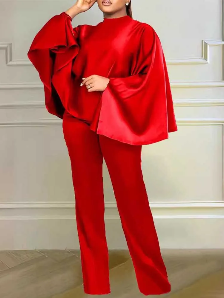 Winter 2 Pieces Set Women Outfit Long Sleeve Cloak Top and Pant Elegant Female Stretchy Satin Outfit Wear Wholesale Dropshipping