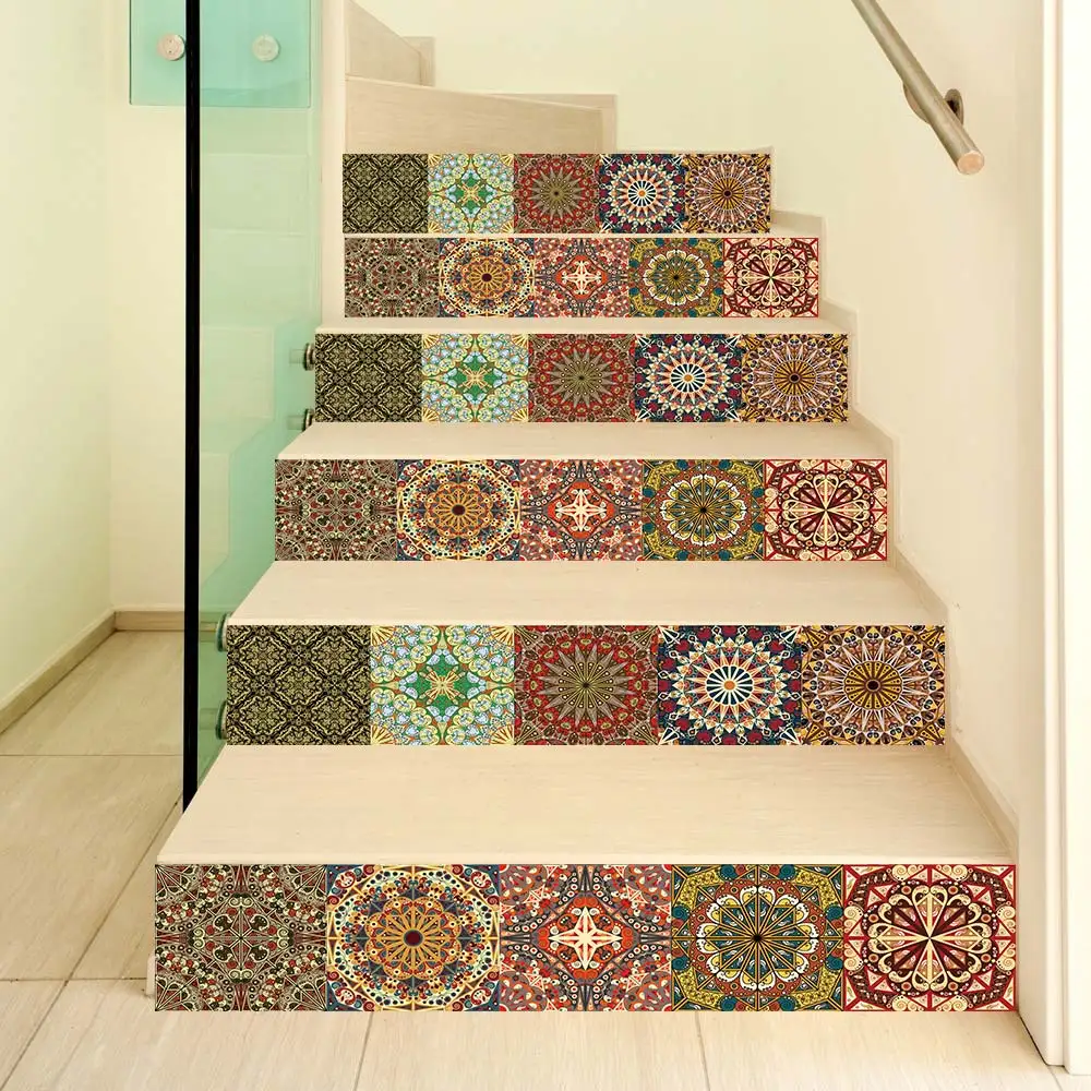 

6PCS Bohemian Art Stair Stickers Self Adhesive Vinyl Wear-Resisting Waterproof Mural Sticker for Stair Steps Home Floor Decor