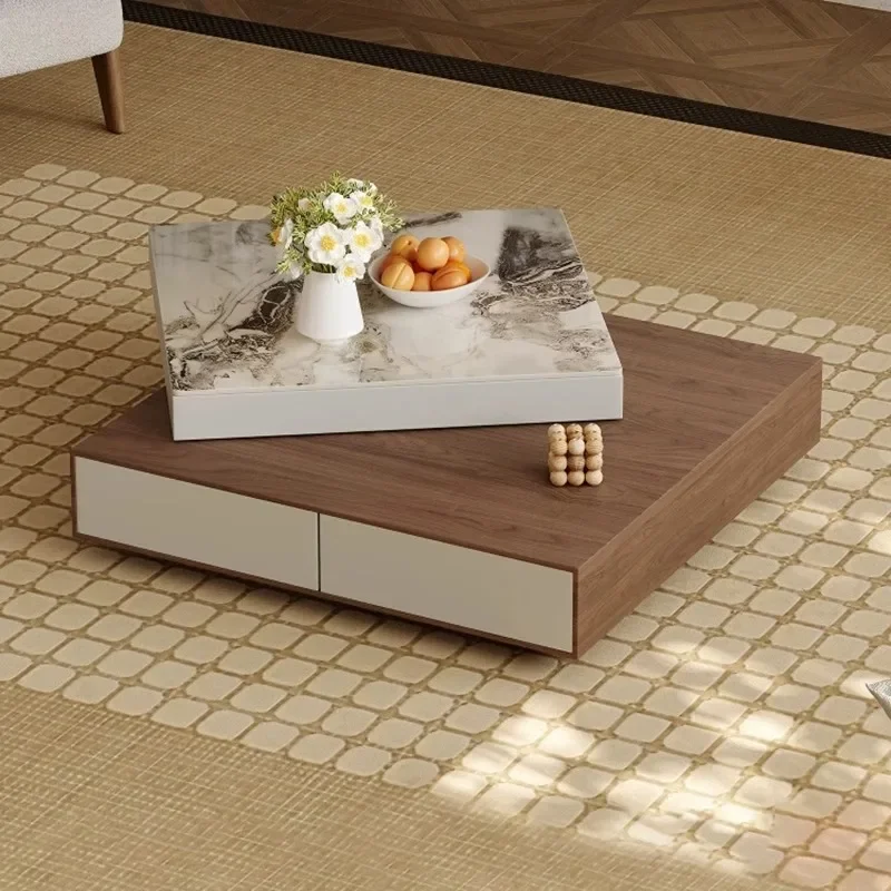 01 طاولة القهوة الإيطالية الدوارة البسيطة المعيشة المنزلية شقة صغيرة الحديثة الخفيفة الفاخرة الراقية طاولة القهوة بلاطة الصخور