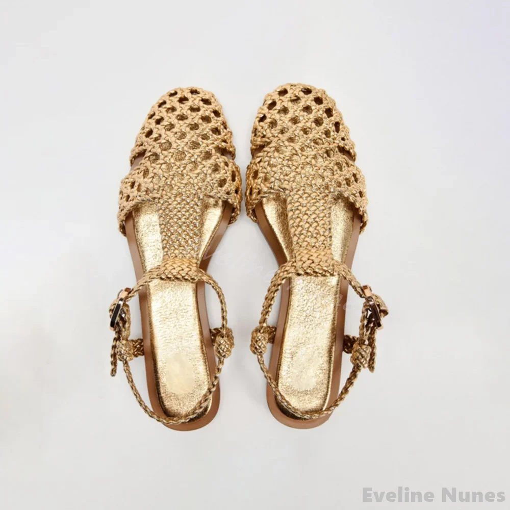 

All-match Hand-woven Sandals Women Gold Hollow One Word Belt Round Toe Flat Casual Sandals 2025 Summer Beach Vacation Sandals