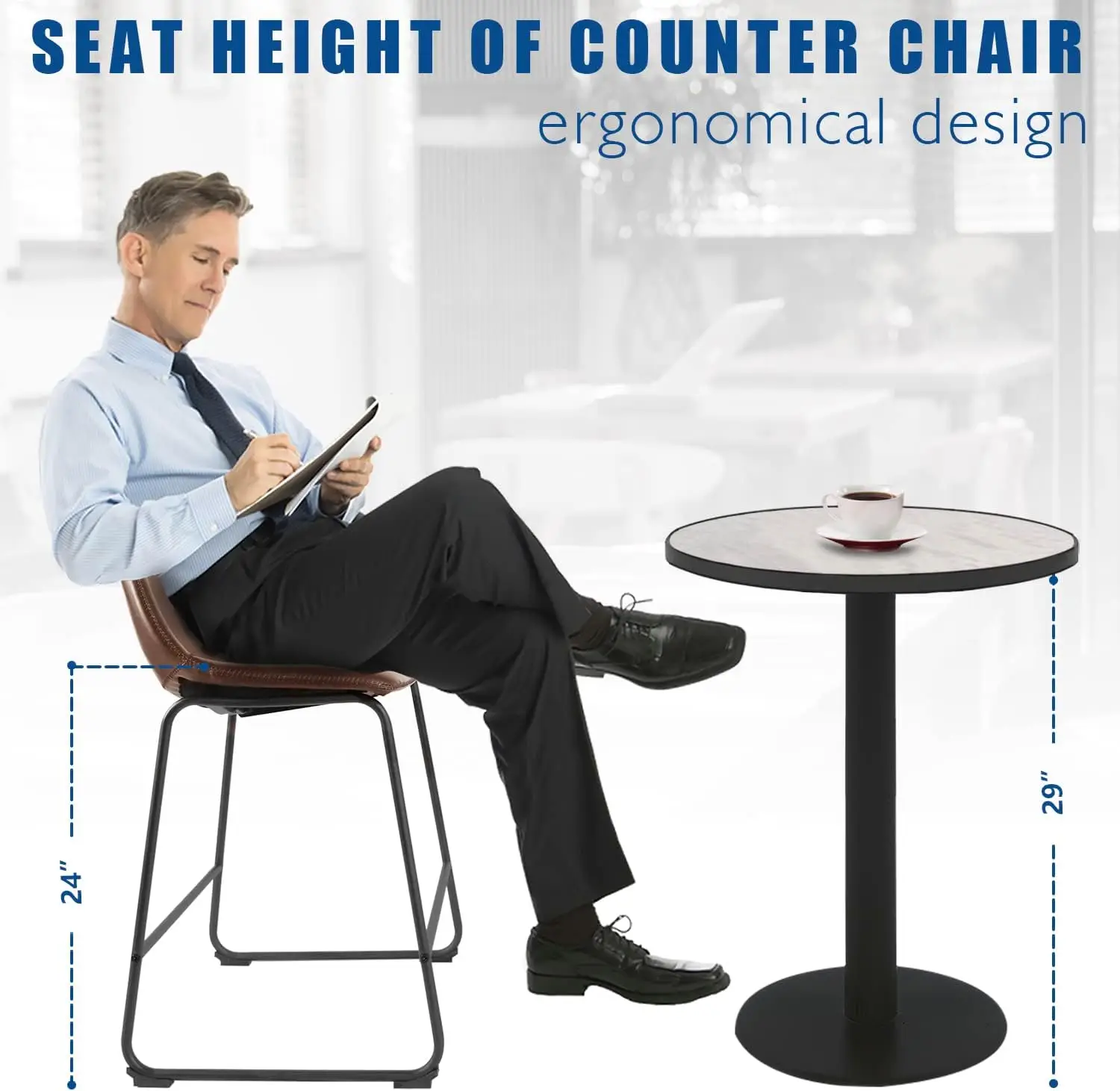 3피스 브라운 인조 가죽 바 스툴, 산업용 등받이 및 발판, 카운터 높이(24')