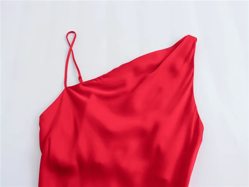 Verão feminino novo sexy ombro inclinado vermelho cetim textura suspender sem mangas streetwear vestido vestidos de noite