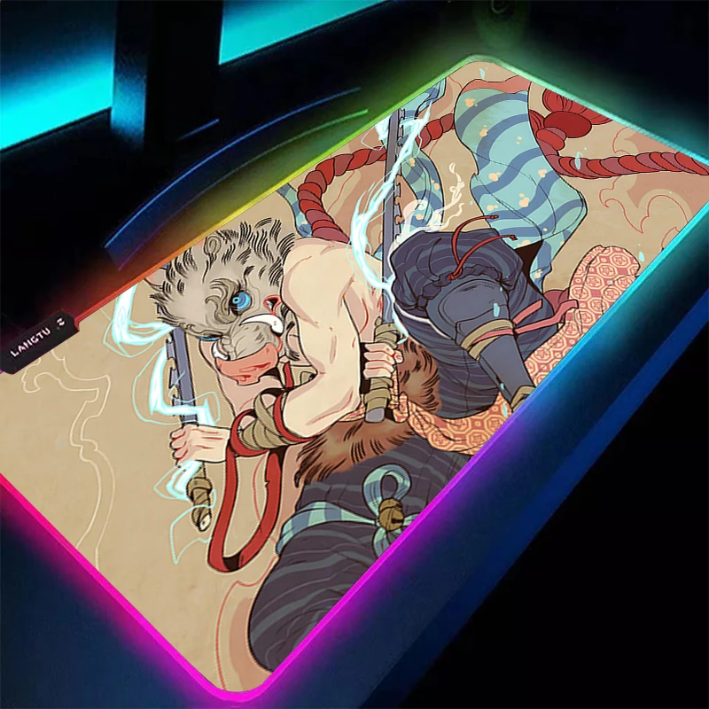 

RGB LED Mouse Pad D-demon Slayer Inosuke Office PC Accessories Extended Pad Anime Mousepad Pattern Desk Mat Rubber Gaming Mats