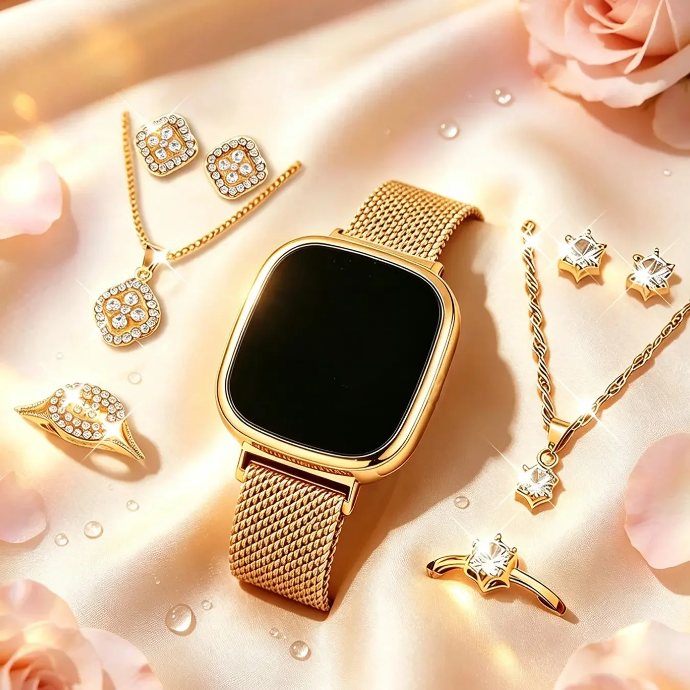 Women's Electronic Smartwatch Set with Pendant Necklace, Ring, Earrings, Bohemian Style, Perfect for Holidays