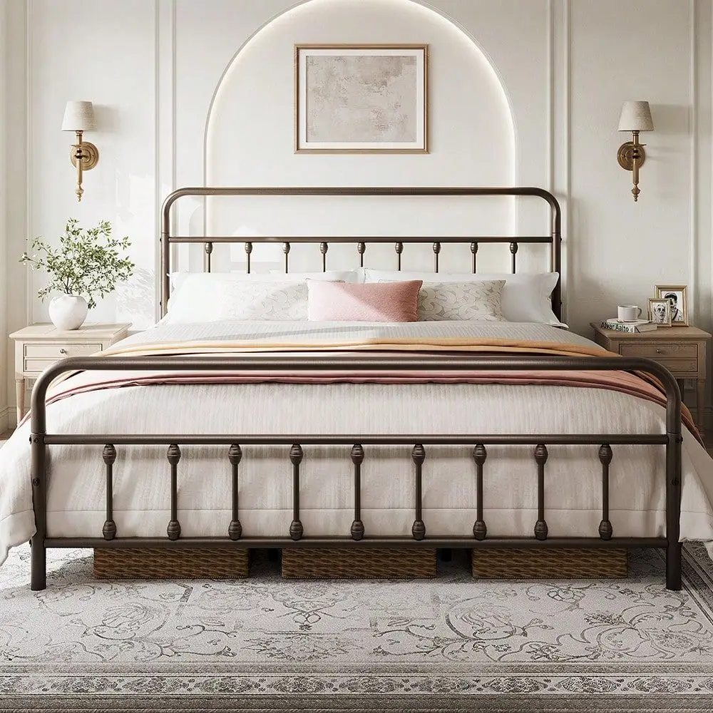 Vintage Industrial Metal Platform Bed Frame 12 Iron Slats Support, 12.6 Underbed Storage High Headboard Footboard, No Box Sprin