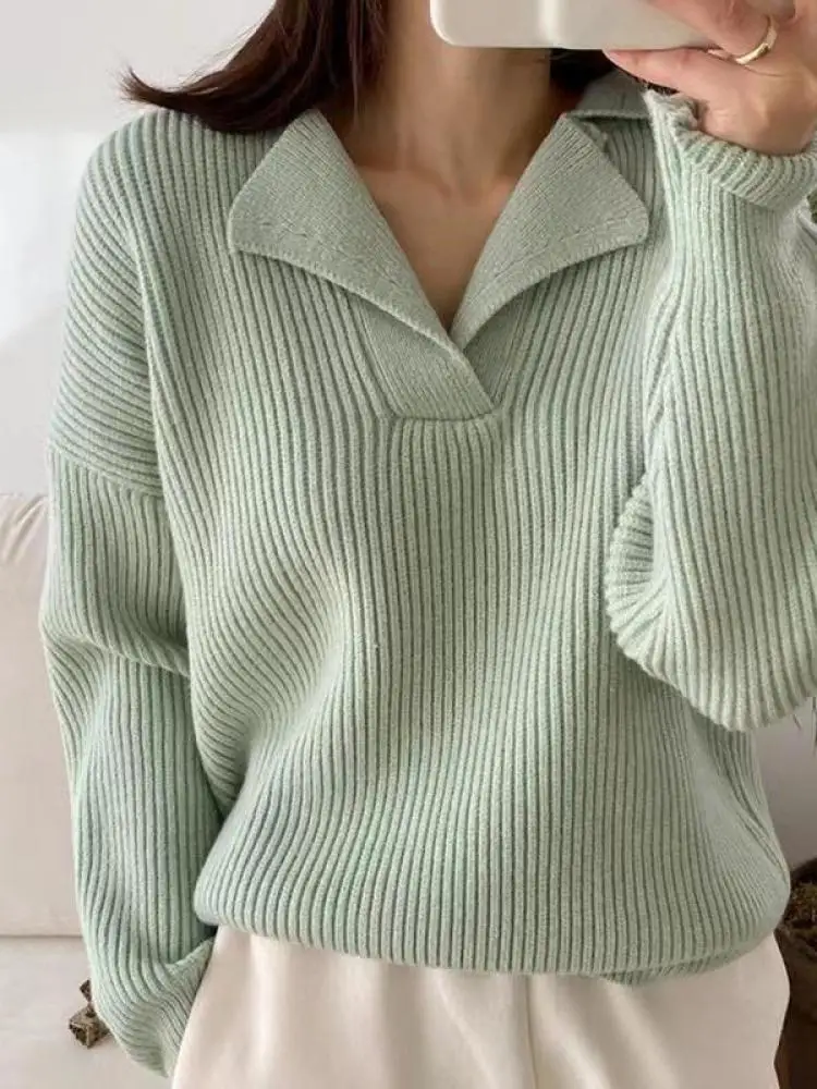 Women\'s Knitwear Sweaters Basic Warm Vintage Green Sweater Knitted Oversized Thick Loose White Pullover Jumper for Women 2024