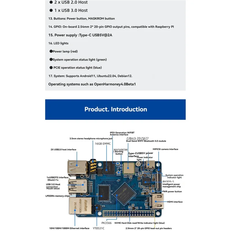 【Venta Flash】 Placa de desarrollo RK3566 microcontrolador ARM 2G + 16G 4K @ 60Fps Wifi-BT con red cable para Linux Android